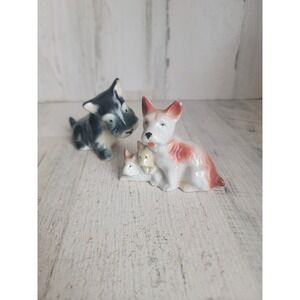 Vintage porcelain terrier black puppy parent dog mini home decor figure set